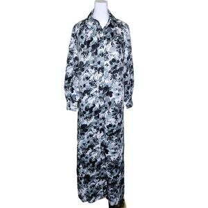 Vintage 70s Shirt Dress Womens Size XL Black White Floral Maxi Dagger Collar